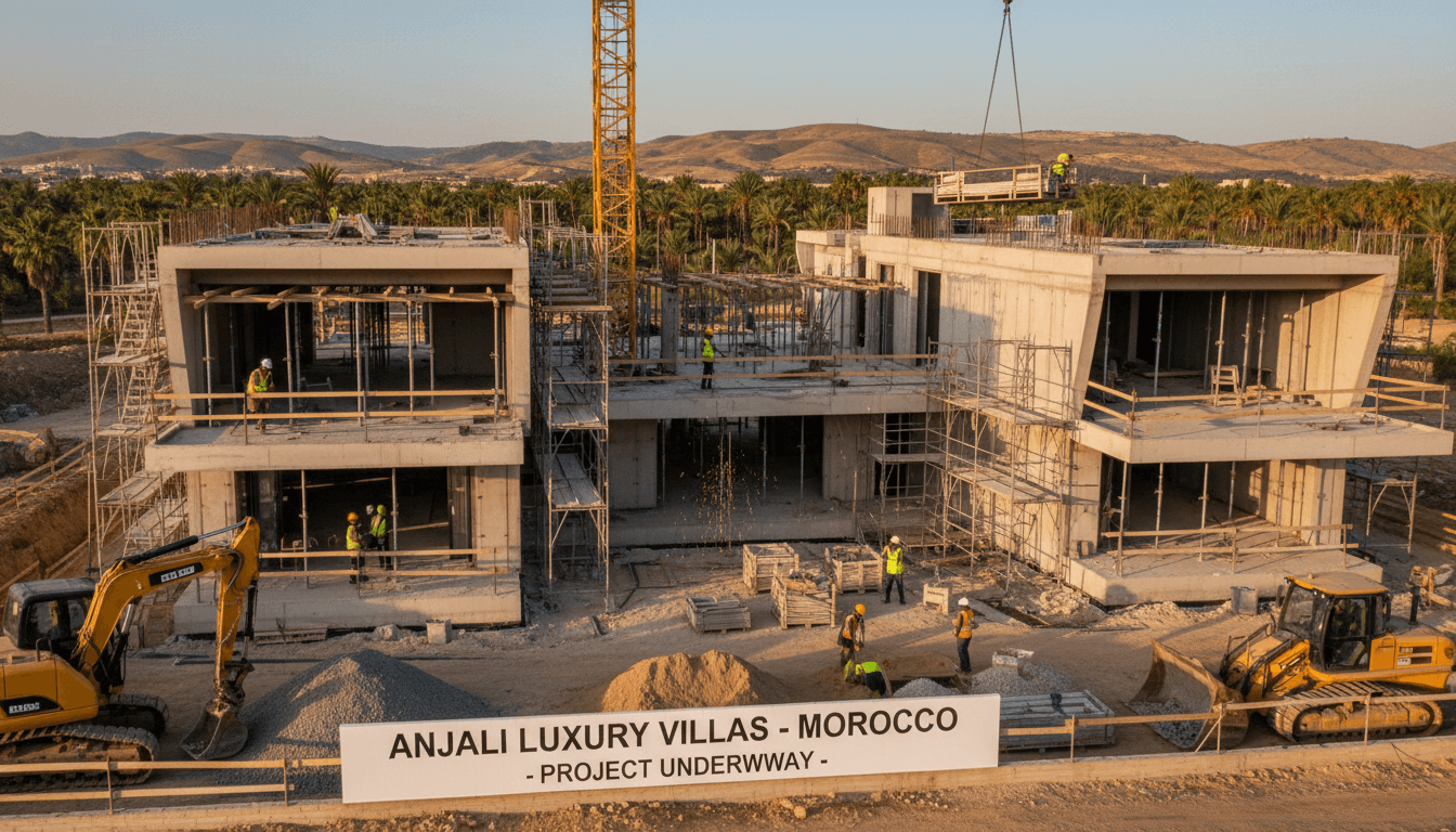 Chantier de construction villa haut standing à Rabat avec équipe professionnelle
