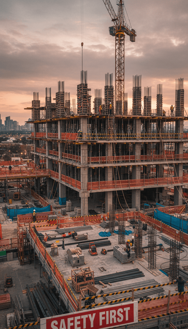 Chantier de construction montrant les gros œuvres et la structure
