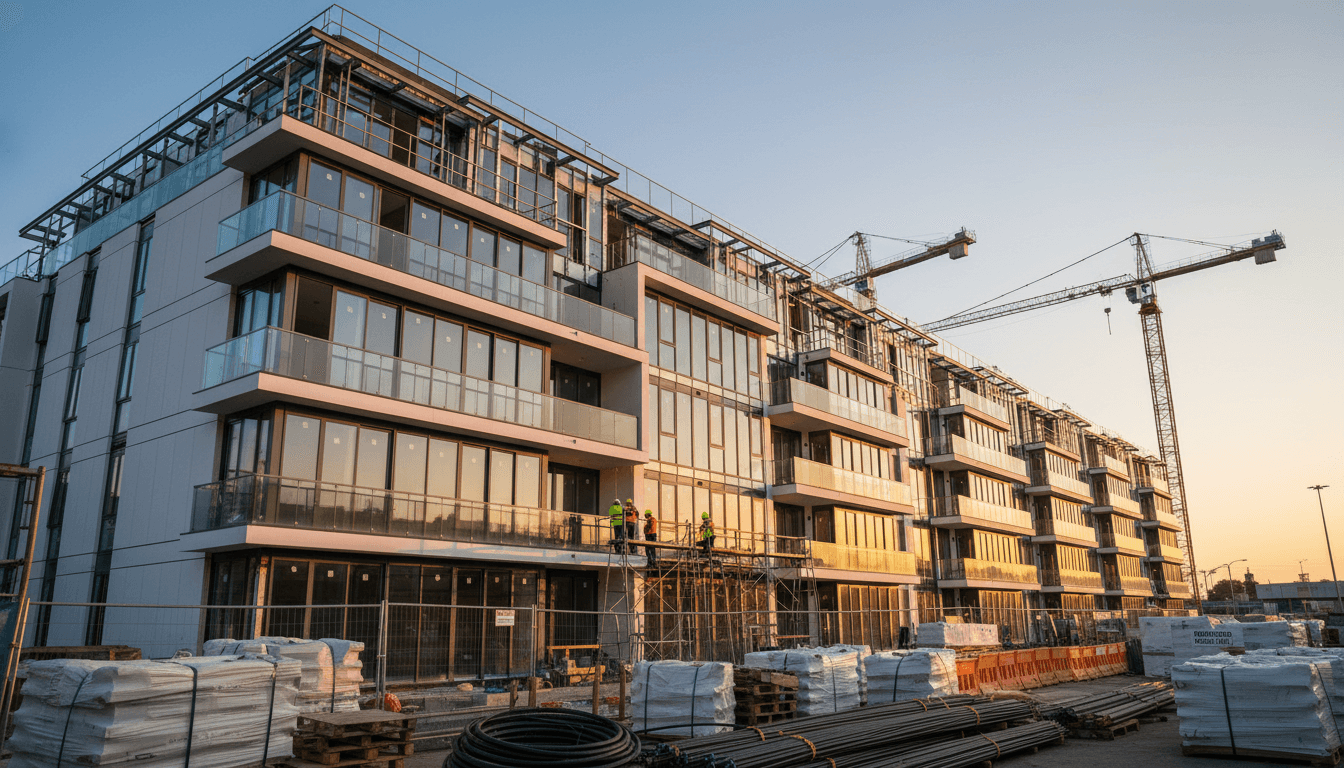 Chantier de construction moderne avec équipe professionnelle et immeuble résidentiel achevé à Rabat