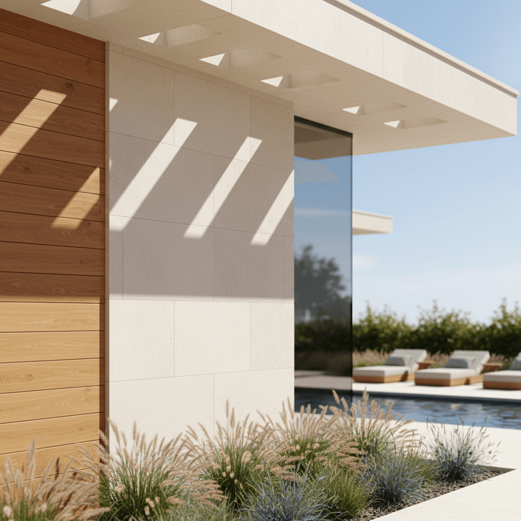 Entrée de villa avec aménagements paysagers professionnels