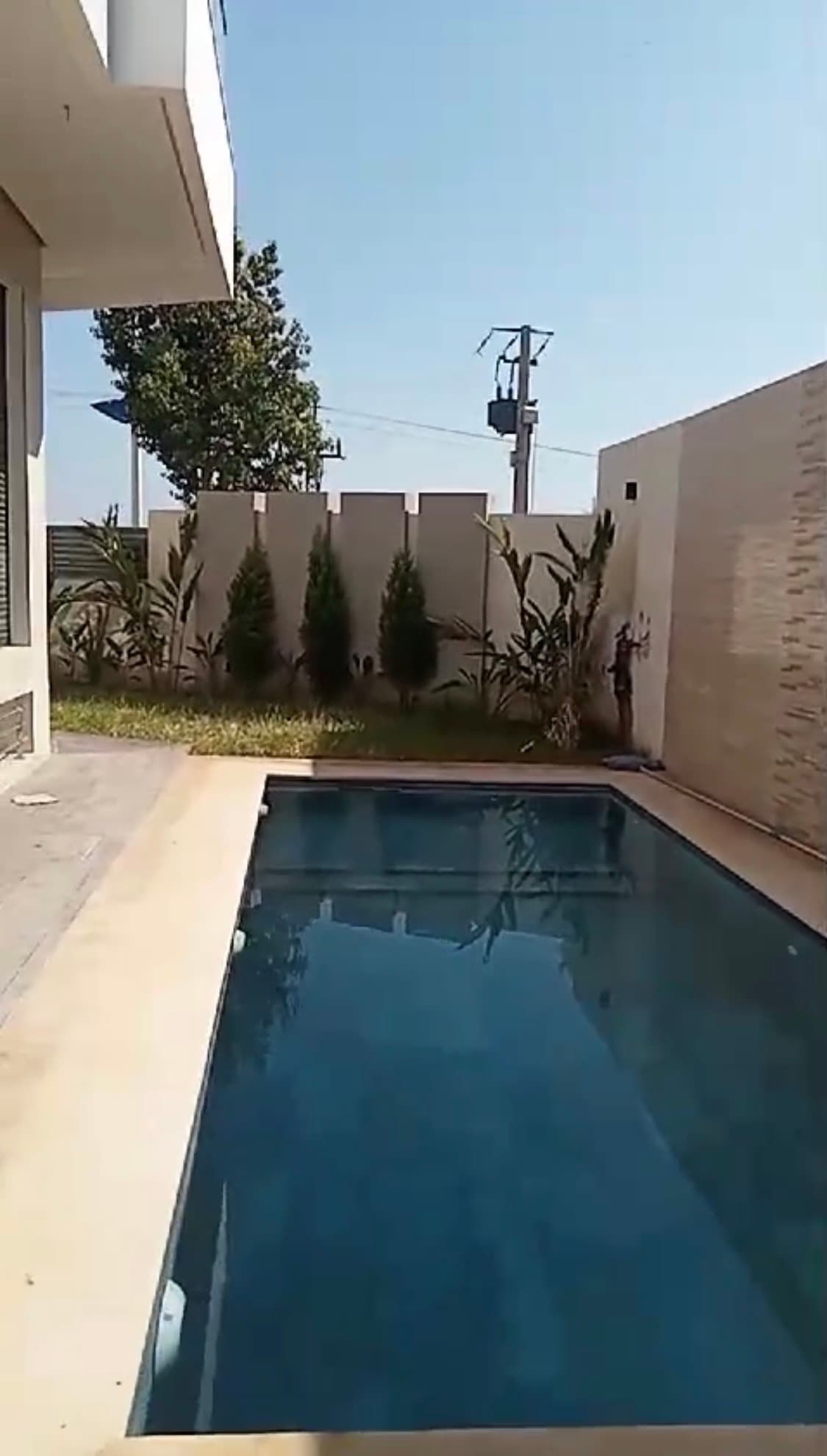 Piscine rectangulaire reflétant le ciel, bordée de plantes tropicales et d'un mur moderne.